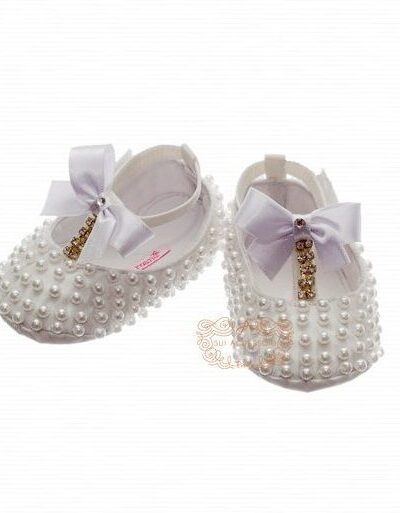Sapatinho de Bebê Luxo Tafetá e Pérolas Roana