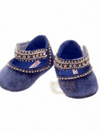 Sapatinho de Bebê Luxo Azul Veludo Pérolas Strass RN Roana