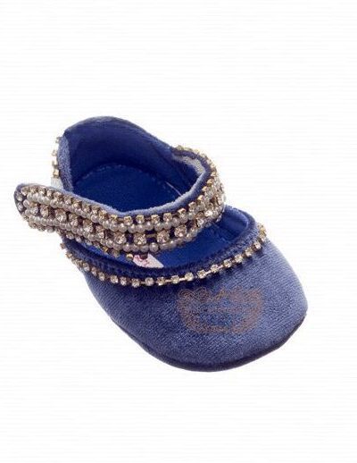 Sapatinho de Bebê Luxo Azul Veludo Pérolas Strass RN Roana