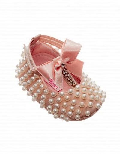 Sapatinho de Bebê Luxo Tafetá e Pérolas Roana