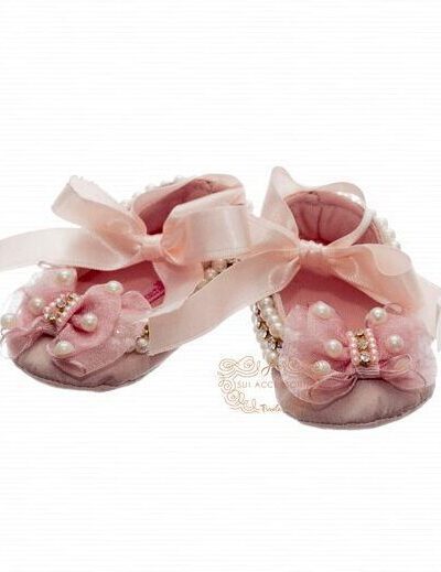 Sapatinho de Bebê Luxo Rosa Laço Pérolas RN Roana