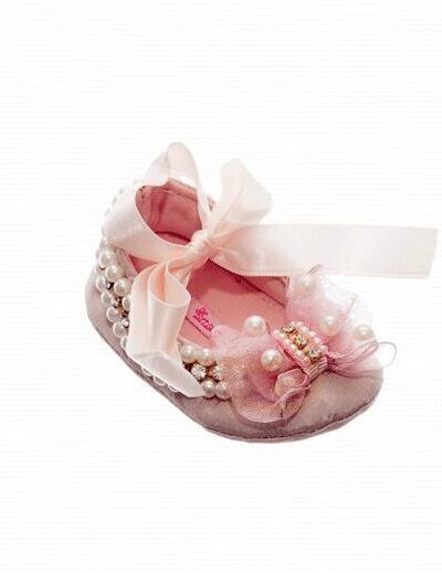 Sapatinho de Bebê Luxo Rosa Laço Pérolas RN Roana